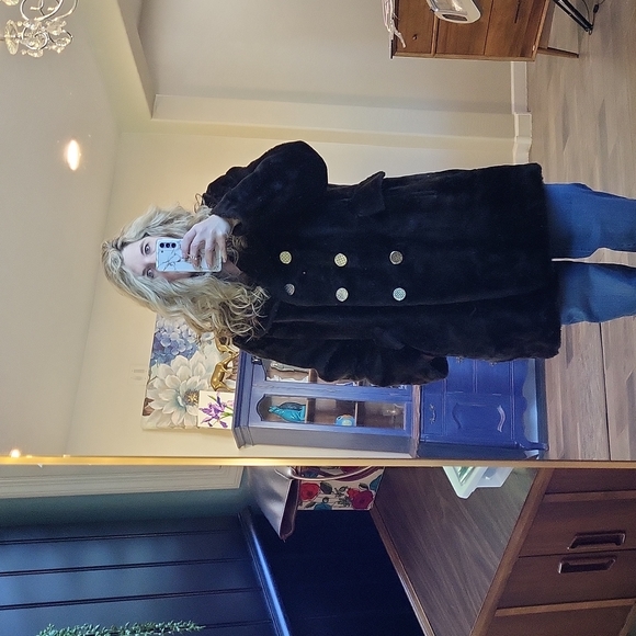 Vintage Carol Brent Faux Fur Pea Coat Gold Buttons Funky Printed Lining Size 2X - Picture 1 of 14